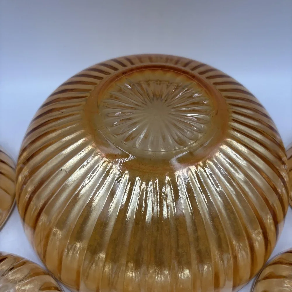 Gold Carnival Glass Salad Serving Bowl Set Ribbed‎ Art Deco 6 Piece Unmarked